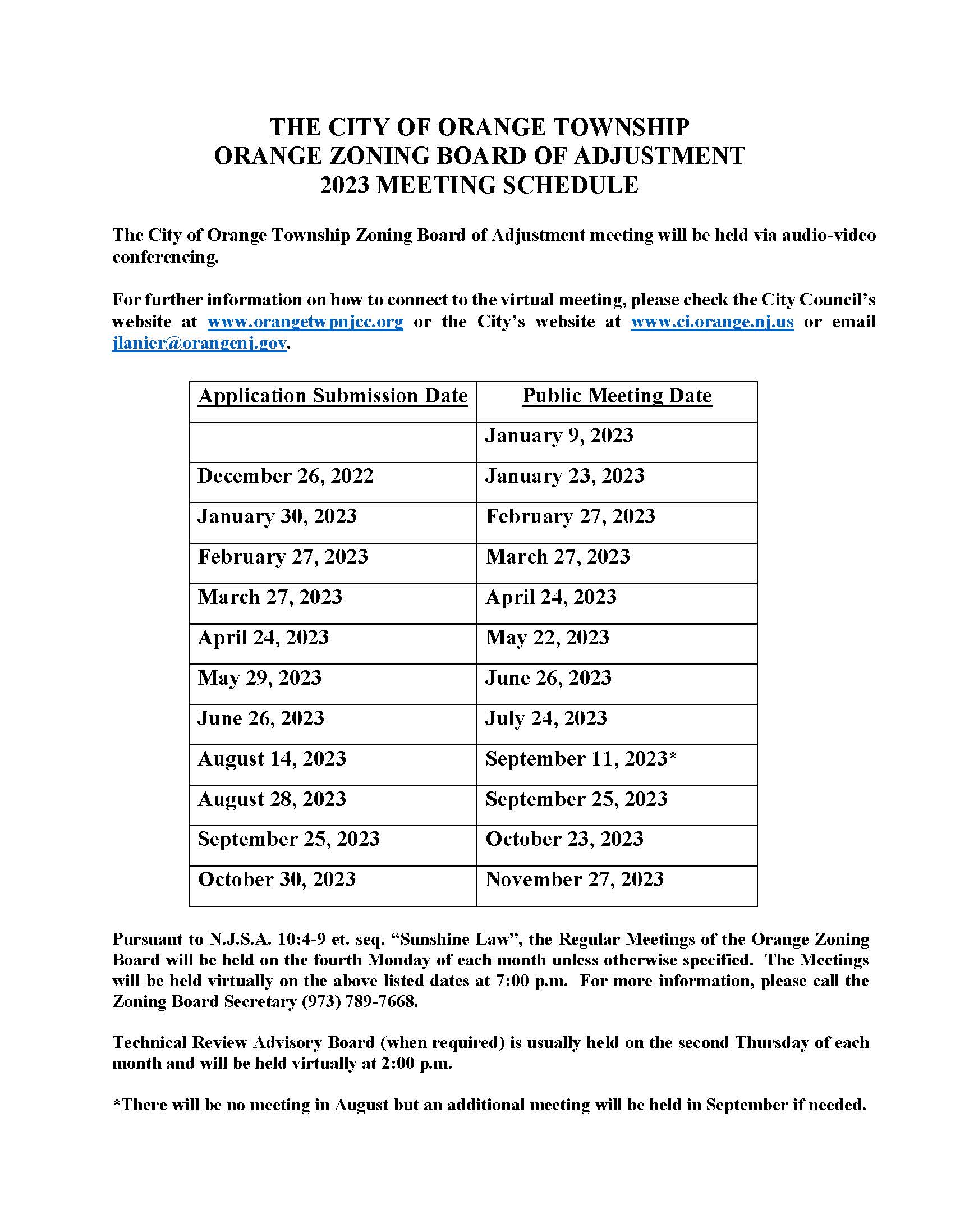 2023 Zoning Board Meeting Schedule Orange City Council
